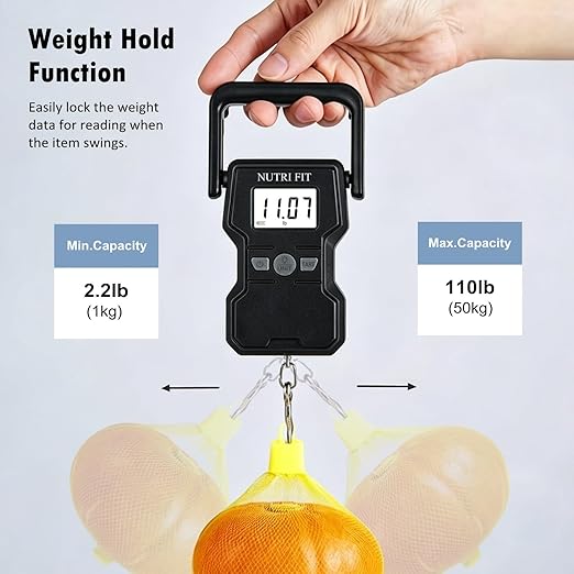 NUTRI FIT Luggage Weight Scale 110lb/50kg Hanging Luggage Scale for Suitcase with Comfortable Handle and Large Hook, Portable Fishing Scale, Backlit LCD for Travel with Measuring Tape