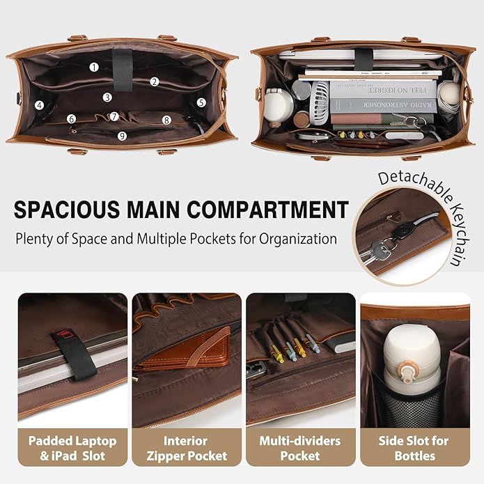 RAINSMORE Laptop Bag for Women 15.6 Inch Work Tote Bag with Detachable Strap & Bow Professional Laptop Tote with Cup Holder