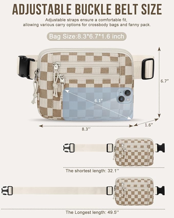 Capolo Fanny Packs for Women Fashion Waist Packs Bag with Adjustable Strap and 4 Zipper Pockets Waterproof Everywhere Crossbody Belt Bag for Workout Running Travelling(Khaki Checkered, Large)