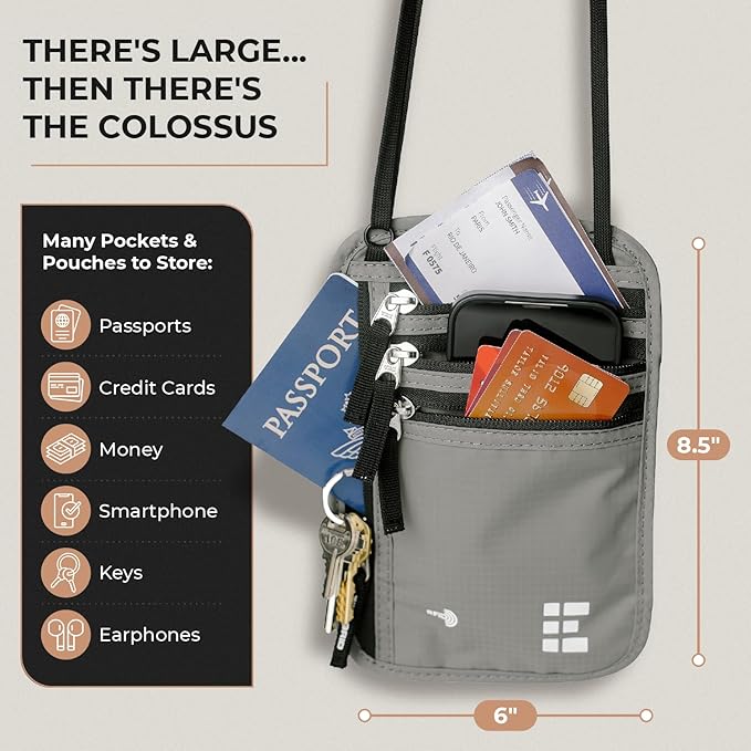 Neck Wallet for Travel & Passport Holder with RFID Blocking - Slim & Easy to Conceal Nylon Travel Pouch for men & women - Holds Phone, Cash, Cards, Keys - Sweat & Water Resistant - XLarge - Light Grey