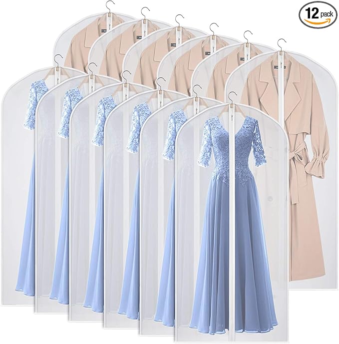 60'' Garment Bags Dress Bag for Storage (Set of 12) Dust-Proof Suit Protector Cover Bag with Zipper for Long Dresses, Suit, Coat Closet Clothes Storage