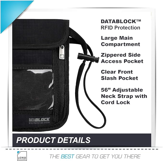 Lewis N. Clark Rfid Blocking Stash Neck Wallet, Travel Neck Pouch + Passport Holder for Women & Men - Black