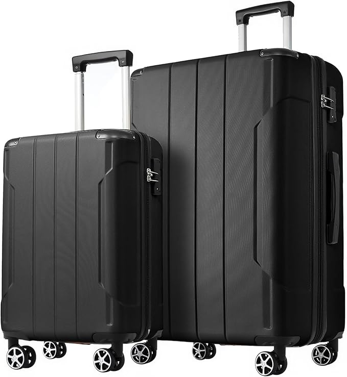 2 Piece Luggage Set, Hardside Suitcase with Spinner Wheels, TSA Lock & Expandable Hard Shell, Carry on and Checked Luggage for Travel, Maletas de Viaje for Men & Women (Black, 20+28Inch)