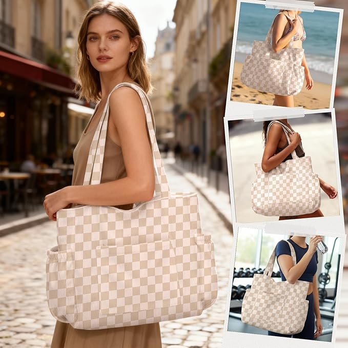 Corduroy Tote Bag for Women,Large Capacity Cute Tote Bags With 6 Pockets,Crossbody Shoulder Handbag for Work Travel Gym