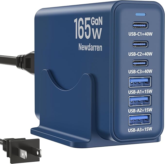 Charging Station for iPhone 17, 165W GaN 6-Port USB C Fast Charger Block, 3 Type-C Each 40W Desktop Charging Hub for Multiple Devices, 5ft Cord - Ideal for Home Office Travel Deep Blue