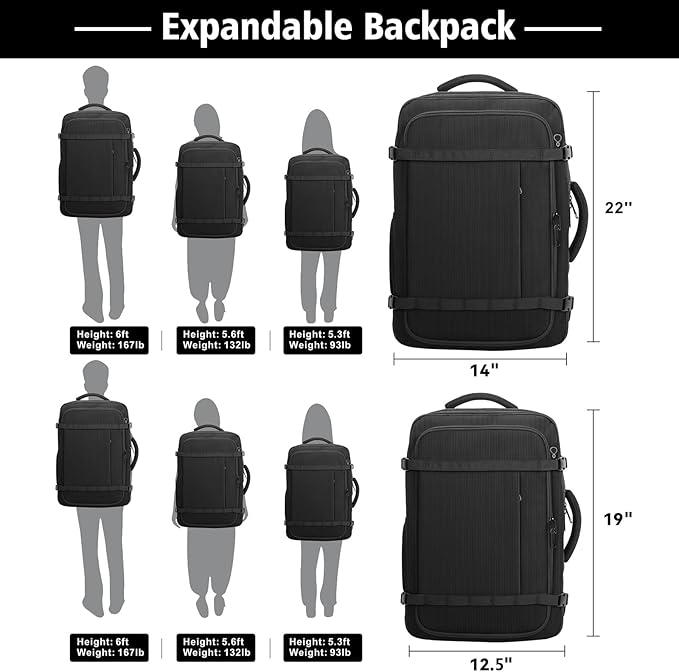 Roomy Carry On Backpack, Expandable Large Capacity Travel Backpack 1-7 Days with LifetimeWarranty,Fits18.4" Laptop,Water Resistant Anti Theft Carry on Laptop Backpack for Men Women,Flight Travel,Black