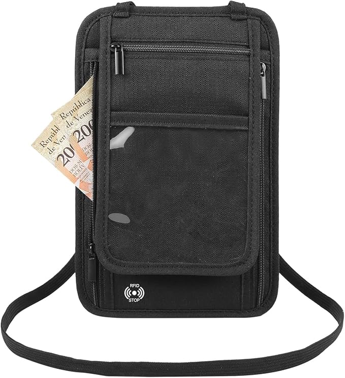 Travel Neck Wallet with RFID Blocking Passport Holder, RFID Blocking Stash Neck Wallet, Neck Storage Bag for Keeping Credit Cards & Travel Documents Safe & Small Change (Black)