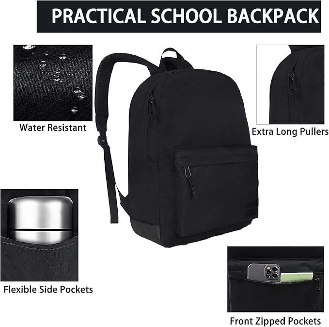 SUPACOOL Casual Laptop Backpack for Men and Women, Work backpack, Black Backpacks, College School Backpack for Boys and Girls, Lightweight Travel Back Pack(Black)