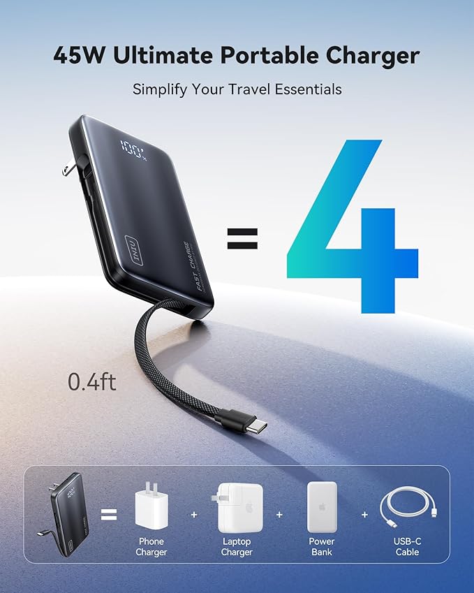 INIU 3-in-1 Portable Charger, 45W 10000mAh Fast Charging Power Bank, Built-in USB C Cable & Foldable Wall Plug, Travel Essentials, Battery Pack for iPhone 17 16 15 Series, Samsung, MacBook, etc. Green
