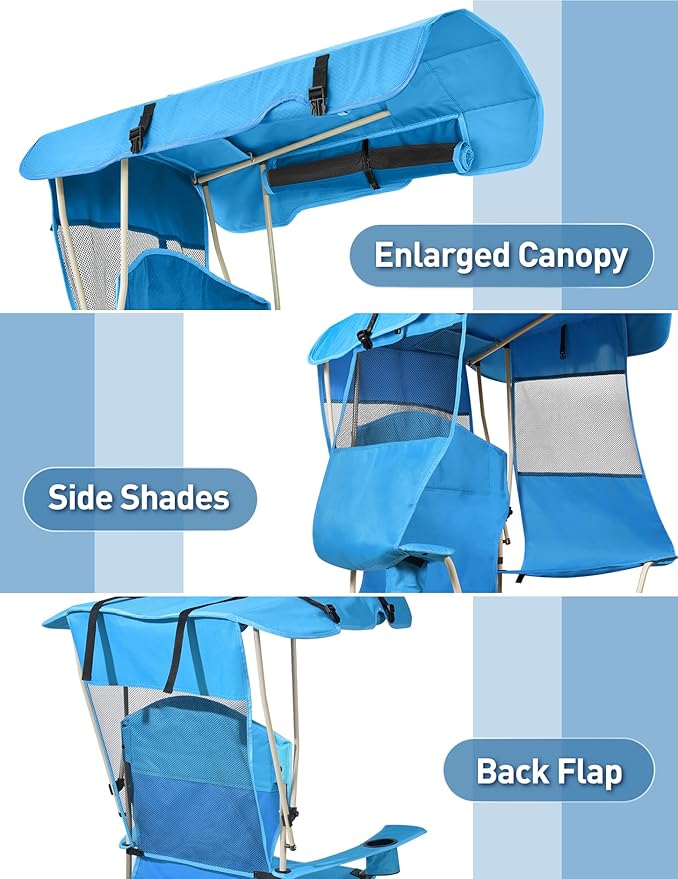 Docusvect Beach Chair with Canopy Shade, Folding Camping Chair with Canopy with Cup Holder, Side Pocket for Camp, Beach, Tailgates, Fishing - Support 330 LBS