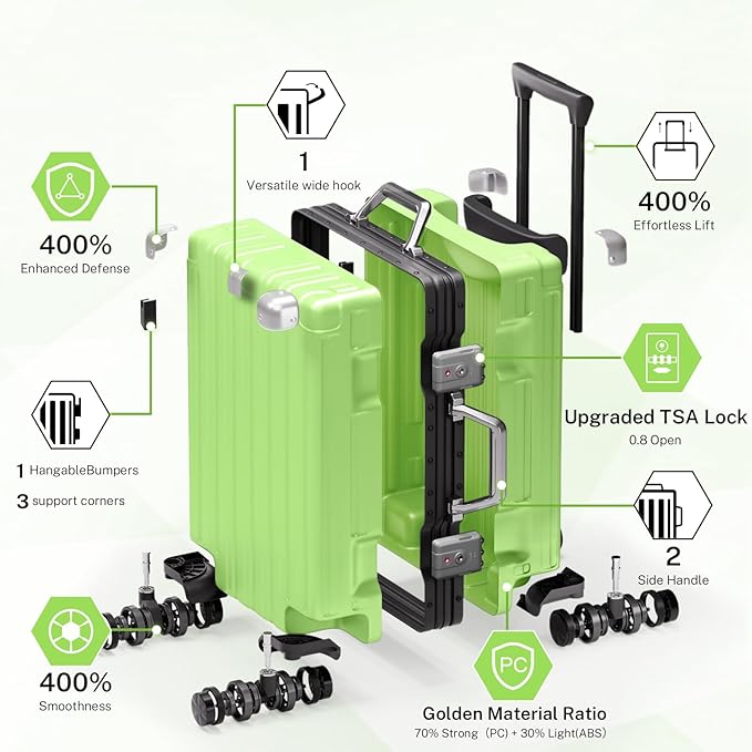 Krute Carry On Luggage 20 inch Aluminum Frame Luggage with Spinner Wheels Hardshell No Zipper PC+ABS TSA Lock Zipperless Suitcases Green
