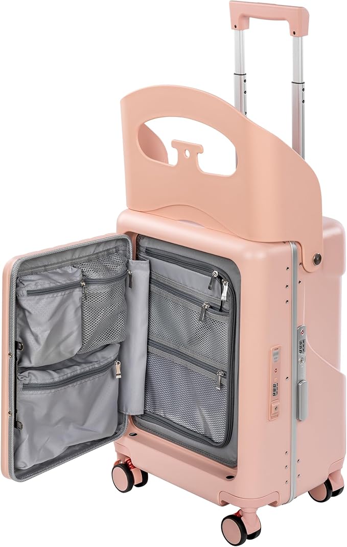 20" Ride-On Luggage with Child Seat, Hardside Carry-On Suitcase with Front Access Shockproof Silent Spinner Wheels, TSA Lock, Charging Port for Kids & Adults & Busy Moms