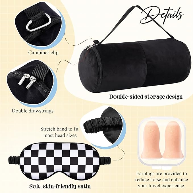 HunnmingRe 5 Pcs Travel Pillow and Blanket Set, 5 in 1 Travel Airplane Compact Includes 40 x 60 Inch Throw Blanket Eye Mask Neck Pillow Earplug and Bag Gifts for Travelers Women(Checkered,Black)