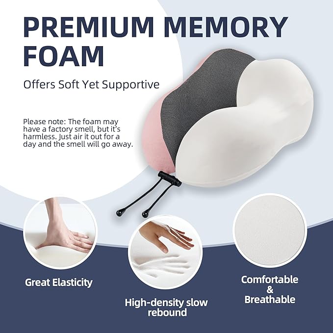 Travel Pillow with Extra Large Hood for Airplane Long Flights Privacy and Comfort Memory Foam with Velvet Cover for Road Trip Head&Neck Support for Plane Office Cars Sleeping & Rest (Pink)
