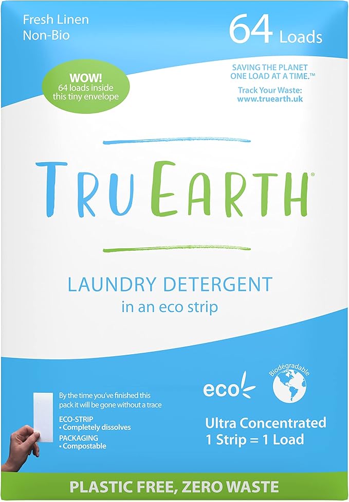 Tru Earth Compact Dry Laundry Detergent - Up to 128 Loads (64 Sheets) - Paraben-Free - Original Eco-Strip Liquidless Detergent, Travel - Fresh Linen | Packaging May Vary