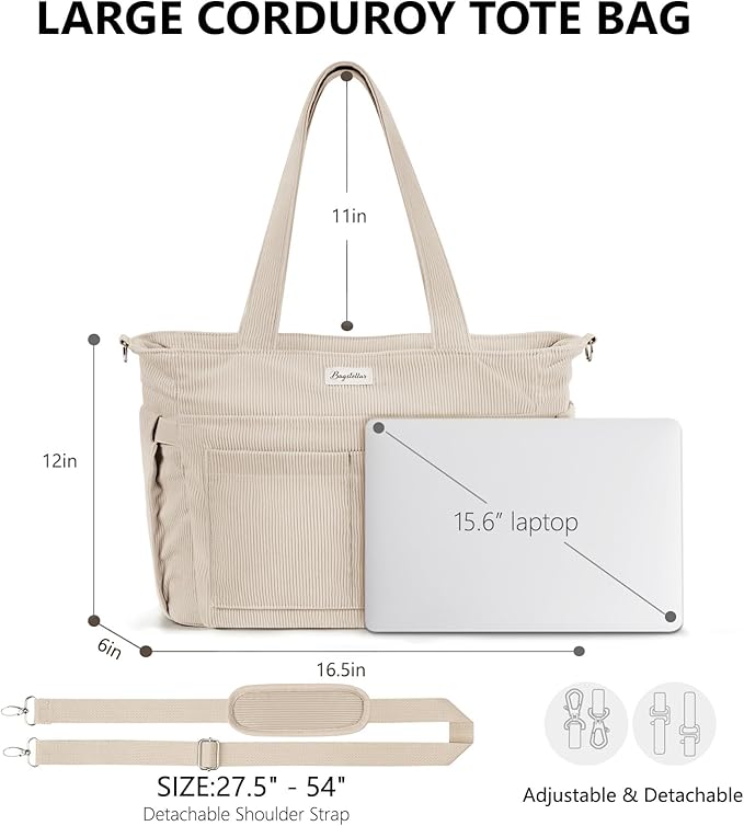 Bagstellar Corduroy Tote Bag for Women, 17 Pockets Laptop Work Tote Bag Lightweight Teacher Nurse Bible Bag for School Travel | with 40oz Cup Holder, Multi Compartment, Zipper Crossbody Bag, College Shoulder Bag, Daily Purse w/ Strap, Ideal Gift for Women