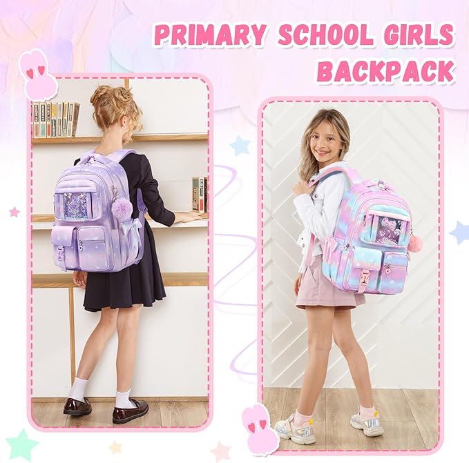PIG PIG GIRL Kids Backpack for Girls - School Bags for Middle School Students - Book Bag for Elementary Primary - Kawaii Ita Backpack - Pink Planet