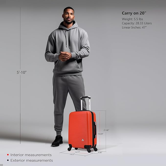 InUSA ROYAL Hardside Luggage with Ergonomic Handles | Spacious Travel Suitcase with Four Spinner Wheels and Studs | 20 Inch Hardside Carry-On Spinner Luggage | Orange
