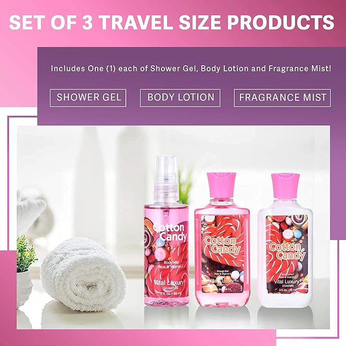Cotton Candy Bath & Body Travel Kit, 3 Fl Oz, Ideal Skincare Gift Home Spa Set, Includes Shower Gel, Body Lotion and Fragrance Mist, Birthday Mother's Valentine's Day Gifts for Her