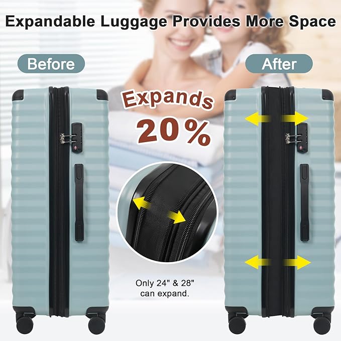 5 Piece Luggage Set w/TSA Locks & USB Port, Front Opening Hard Shell Luggage Sets, Expandable Suitcase Set with Wheels and Cup Holder(20"/24"/28") (Light Blue)
