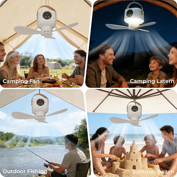 Portable Camping Fan, 7200 mAh Tent Fans with LED Light, Remote Control, Detachable Blades and Hook 4 Speeds 3 Brightness Timer Ceiling Fan for Tents Car Picnics Travel