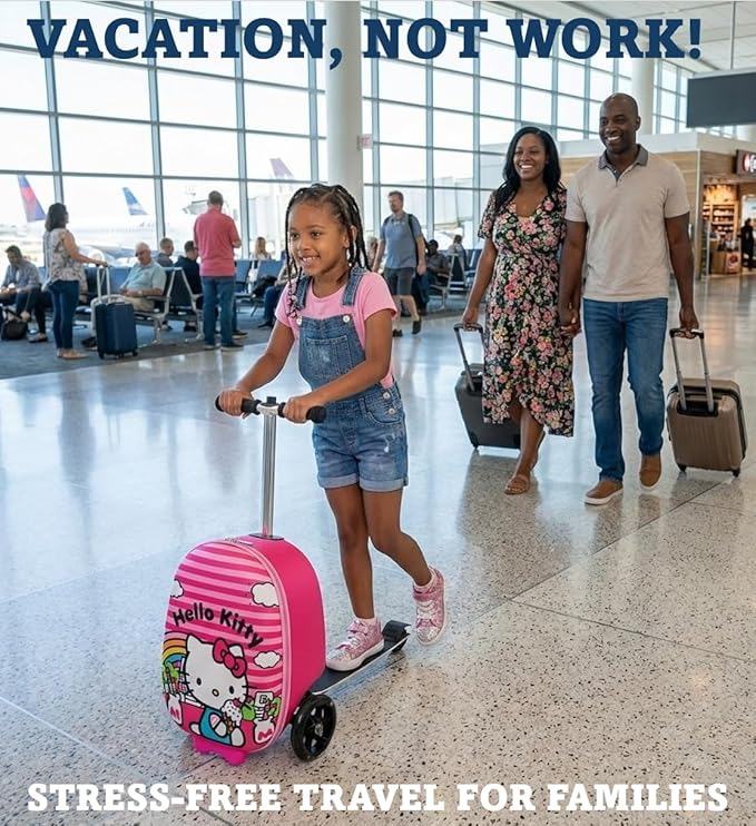 Fast Forward Hello Kitty 2-in-1 Kids Scooter Suitcase & Ride-on Carry-on Luggage Lightweight Travel Case with Built-in Kick Scooter