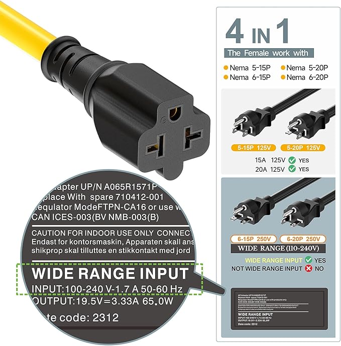 [3-Feet]NEMA 5-15P Extension Cord, Plugrand NEMA 5-15P to 5-15R/ 5-20R/ 6-15R/ 6-20R AC Adapter, 12AWG 15 Amp to 20 Amp T Blade Adapter Cable, 15A 125V to 20A 250V Extension Cord, 3FT