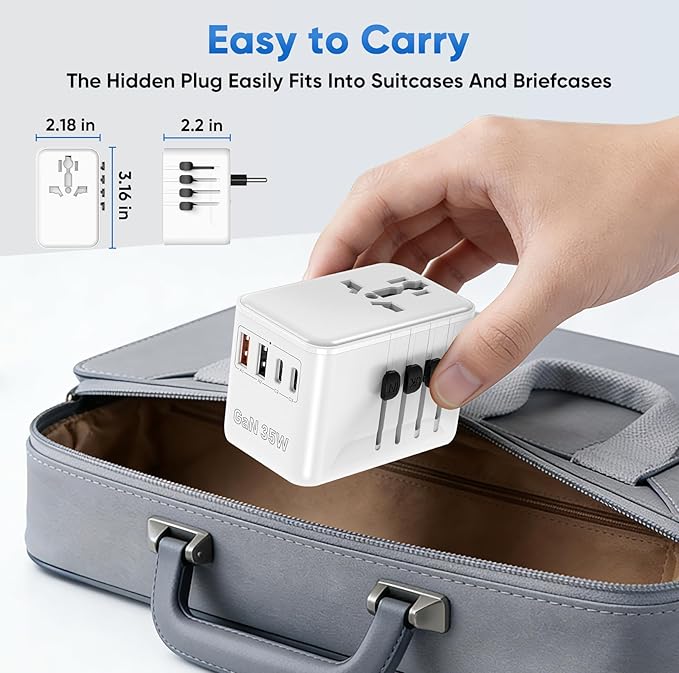 Universal Power Adapter Travel - European Travel Plug Adapter with 3 USB-C PD Fast Charging & 2 USB-A, 1 AC, Worldwide Travel Essentials, International Plug Adapter for UK/US/AU/ID, White
