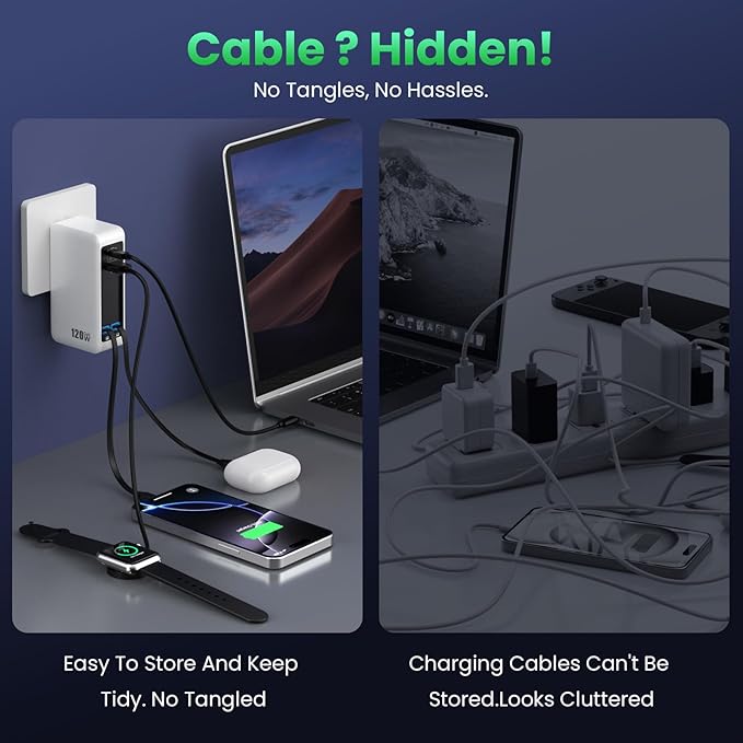 120W USB C Charger Block with 2 Built-in Retractable Cables,4-in-1 GaN IV Foldable Plug Wall Charger Fast Charging Station,PD 65W Laptop Adapter for MacBook/iPad,iPhone 17/16/15/14,Galaxy,Android etc