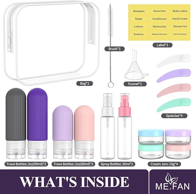 ME.FAN 18 Pack Travel Bottles for Toiletries, TSA Approved Silicone Portable Size Bottle, Refillable Cosmetic Container Kits for Conditioner, Shampoo, Lotion,Face Cream - Purple