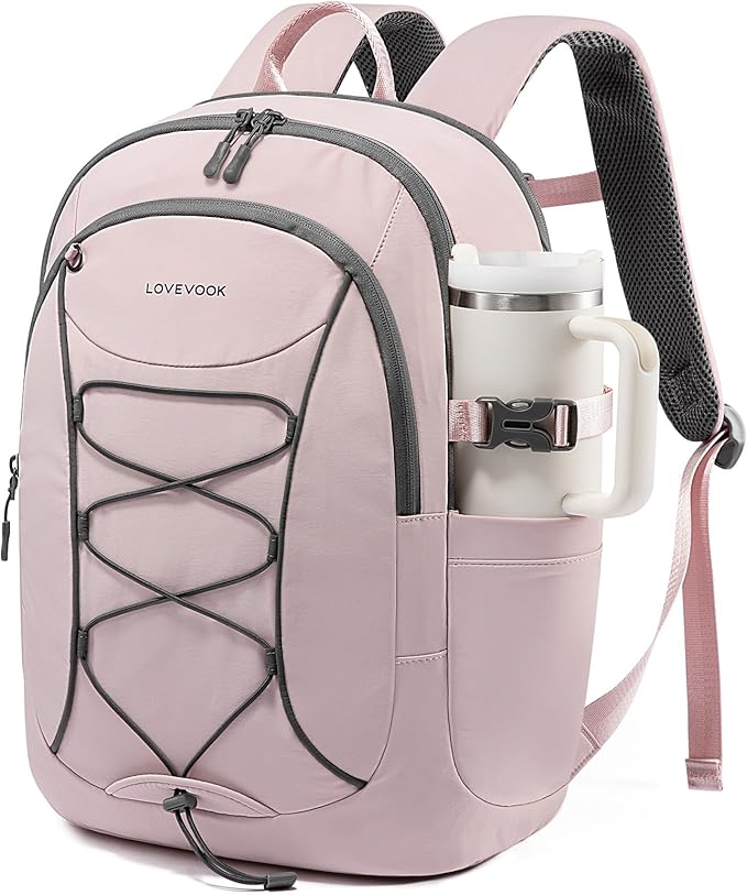 LOVEVOOK Mens Backpack with Giant Tumbler Holder Pocket,15.6 Inch Everyday Laptop Backpack Commuter Travel Work Computer Bag for Women,Waterproof Hiking College Teacher Back Pack Casual Daypack,Pink