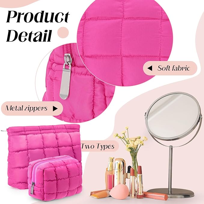 Huhumy 2 Pcs Puffy Makeup Bag Quilted Cosmetic Pouch for Women Cute Checkered Travel Toiletry Bag Puffer Makeup Organizer Purse Pouch Preppy Pencil Case with Zipper(Hot Pink)