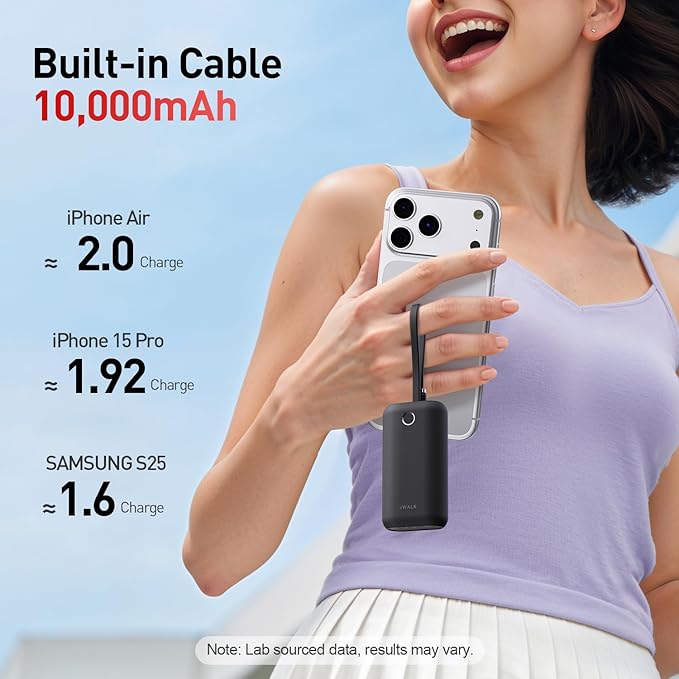 iWALK Mini Portable Charger 10,000mAh, 22.5W USB-C Fast Charging Power Bank with Built-in Cable, Travel Essential Ultra-Small Battery Pack Compatible for iPhone 17/16/16 Pro/15, Samsung, Google, Black