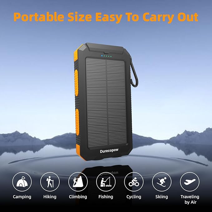 Durecopow Solar Charger Power Bank 20,000mAh, Portable Charger, 4 Cables 3 Ports Fast Charging External Battery Pack with USB C for Cell Phones, Solar Panel Charger with Dual Flashlight for Camping