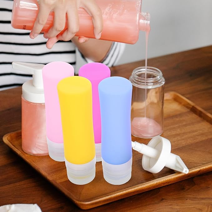 Silicone Travel Bottles 4pcs Refillable Lotion Dispenser Set Squeezable Toiletry Containers for Travel Bathroom Shampoo Conditioner Storage