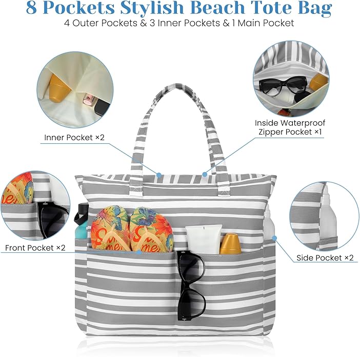 Trifabricy Beach Bags for Women Waterproof Sandproof Women Tote Bag, Large Beach Bag with Zipper for Gym Travel Vocation