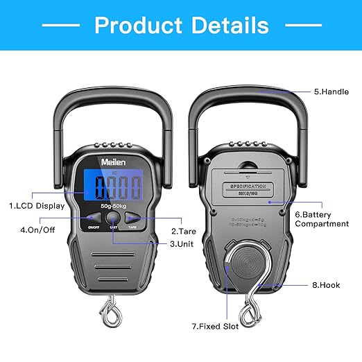Luggage Scale, 110lb/50kg Luggage Weight Scale with Backlit LCD Display, Digital Fish Scale with Measuring Tape Portable Hanging Scale Suitcase Scale with Handle & Large Hook & 2 AAA Batties