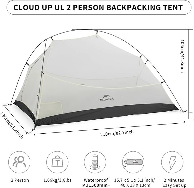 Naturehike Cloud-Up Tent Lightweight Backpacking Tent with Footprint - Free Standing Ultralight Camping Hiking Backpack Tents