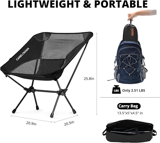 CAMEL CROWN Camping Chair Heavy Duty Backpacking Chair - Ultra-Light Folding Chair with Carry Bag, Portable Compact for Outdoor, Lawn, Hiking, Beach, Picnic