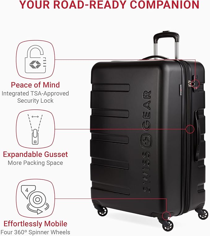 SwissGear 7366 Signature Hardside Expandable Luggage with Spinner Wheels, TSA Lock, Black, Checked-Large 27-Inch