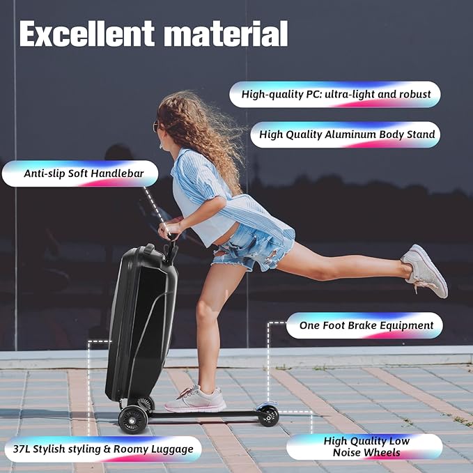 smilesun Scooter Luggage For Kids & Adults， Hardside Ride On Suitcase For Kids Ages 4-15 Multifunctional Lightweight Foldable Carry On Luggage With Wheels Ride On For Children Teenagers（Coal Black）