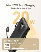 charmast Portable Charger 20000mAh with Wall Plug, Fast Charging Power Bank USB C, 20W PD Battery Pack with Built-in Cables Travel Essential for iPhone 16/15/14, Samsung, iPad More Devices (Black)
