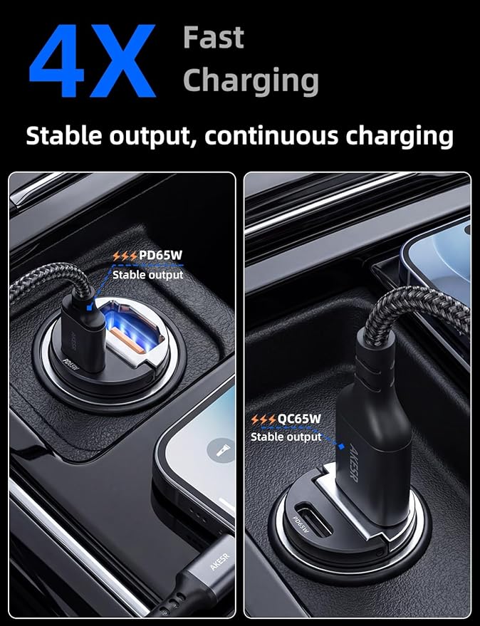 AKESR 65W USB C Car Charger Fast Charging，12V USB Outlet Accesorios para Carro，Cigarette Lighter USB Charger，Car Phone Charger for iPhone/17/16/15/14/13 Samsung S25 S24 S23Google Android