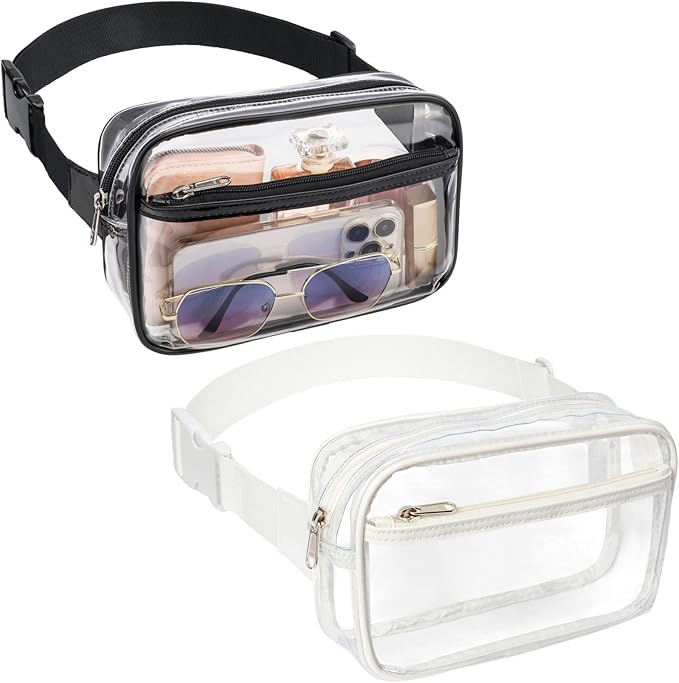 Veckle Clear Fanny Pack Stadium Approved - Plus Size 35-51 Inch Adjustable Strap Transparent Belt Bag for Women Fits 7.5" Smartphone, Clear Bag for Stadium Events Concerts, 2-Pack, 1 Black & 1 White