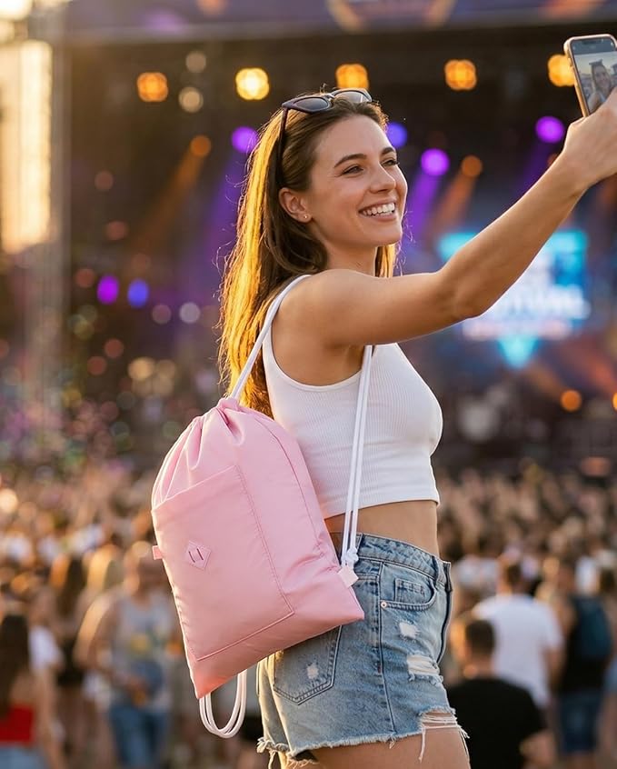 BAVELOE Drawstring Backpack Sports Gym Sackpack with Pockets Water Resistant Cinch String Bag for Women Men（Pink）