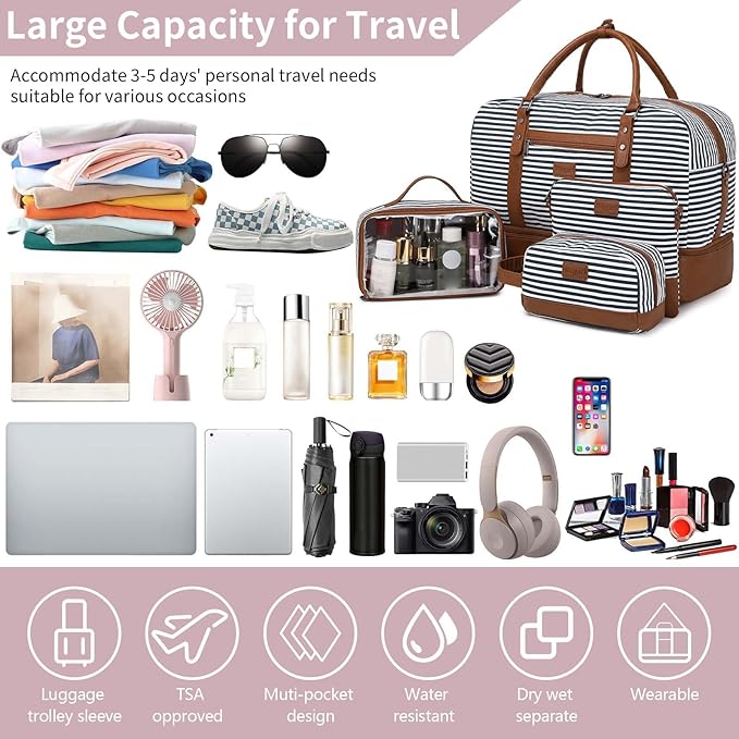 Wogarl 4PCS Weekender Bags for Women Large Overnight Weekend Travel Duffel Carry on Shoulder with Shoe Compartment Canvas Toiletry Bag for Travel Business Gym