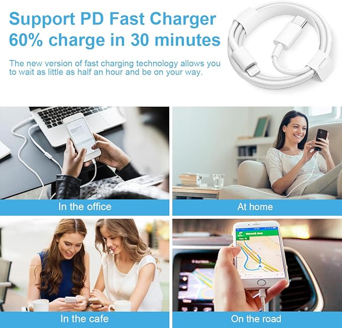 iPhone Fast Charger 3+3Pack 20W USB C Wall Charger with 6FT Fast Charging Cable Compatible with iPhone 14/13/12/11/Pro/Pro Max