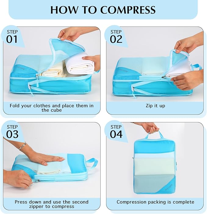 PFEYRPK Lightweight Compression Packing Cubes for Suitcases, Compressible Expandable Travel Packing Organizer with Clear Toiletries and Backpack Bag, Travel Essentials for Carry on Luggage 7 Set