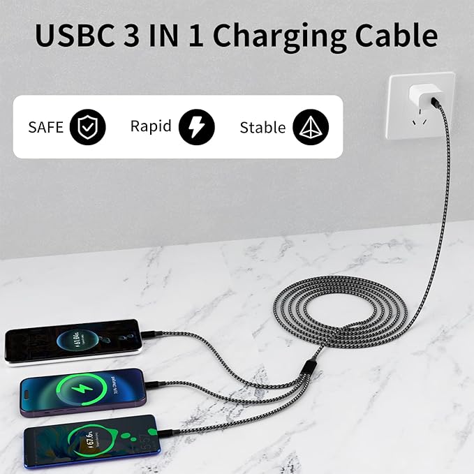 IDISON USB C Multi Charging Cable [2Pack 4FT], 3 in 1 Charging Cable Nylon Braided USB-C Multiple Charger Cord with Type-C, Micro USB and IP Port for iPhone 17/16/15 Series/Cell Phones and More