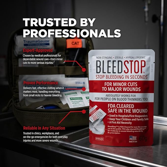 BleedStop™ First Aid Powder for Blood Clotting, Trauma Kit, Blood Thinner Patients, Camping Safety, and Survival Equipment for Moderate to Severe Bleeding Wounds or Nosebleeds 5 Pack 15g